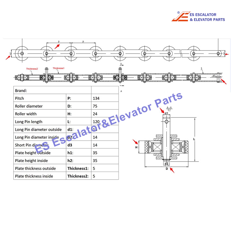 TN2022A10 Escalator Step Chain P=134 Roller D=75 W=24 Use For ThyssenKrupp