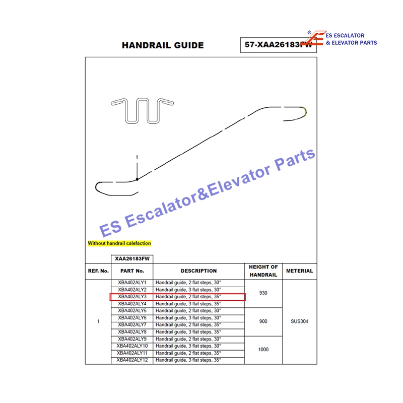 XBA402ALY3 Elevator Handrail Guide Handrail Steel Guide Curve Bottom Entrance 2 Flat Steps 35° Degree Balustrade 930 mm Use For Otis